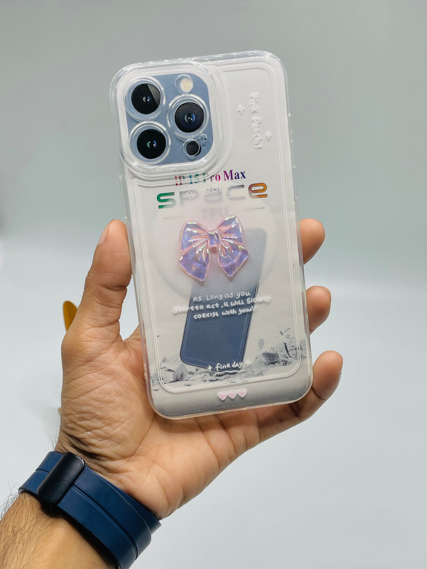 iPhone 15 pro max Korean 3D Laser Crystal Love Bow Clear Acrylic Soft Case