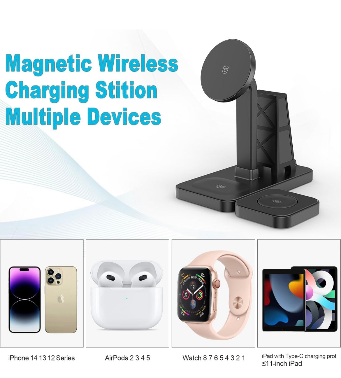 Hagibis Magnetic Wireless Charging Station Multiple Devices, 4 in 1 Phone Fast Multi Charger Stand for Apple Products iPhone 12 to 16 Series, iPad Stand, Watch 1 to 8 and AirPods 2,3,4