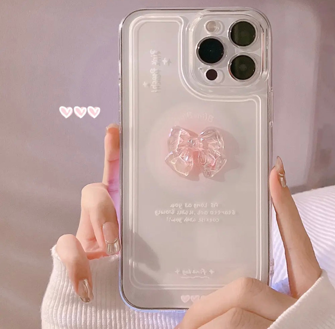 iPhone 15 pro max Korean 3D Laser Crystal Love Bow Clear Acrylic Soft Case