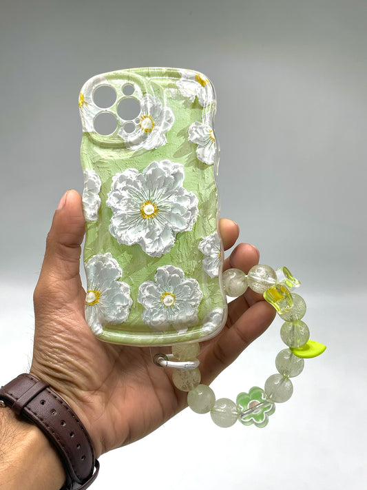 iPhone 12 pro Green Oil Painting Case with Suitable Lanyard