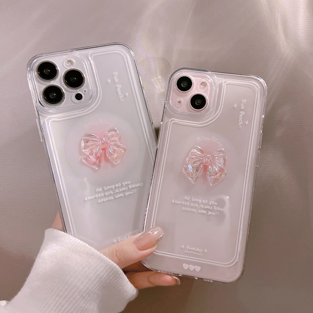 iPhone 15 pro max Korean 3D Laser Crystal Love Bow Clear Acrylic Soft Case