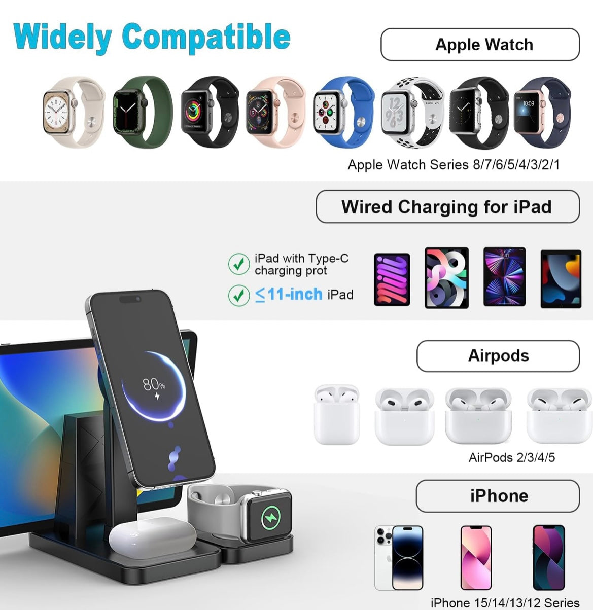 Hagibis Magnetic Wireless Charging Station Multiple Devices, 4 in 1 Phone Fast Multi Charger Stand for Apple Products iPhone 12 to 16 Series, iPad Stand, Watch 1 to 8 and AirPods 2,3,4